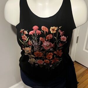Floral Scoop Neck Black Tank Top with Pink & Orange Blooms